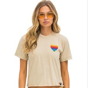 Aviator Nation Heart Stitch 5 Sand Beige Short Sleeve Tee T Shirt Size Small NWT